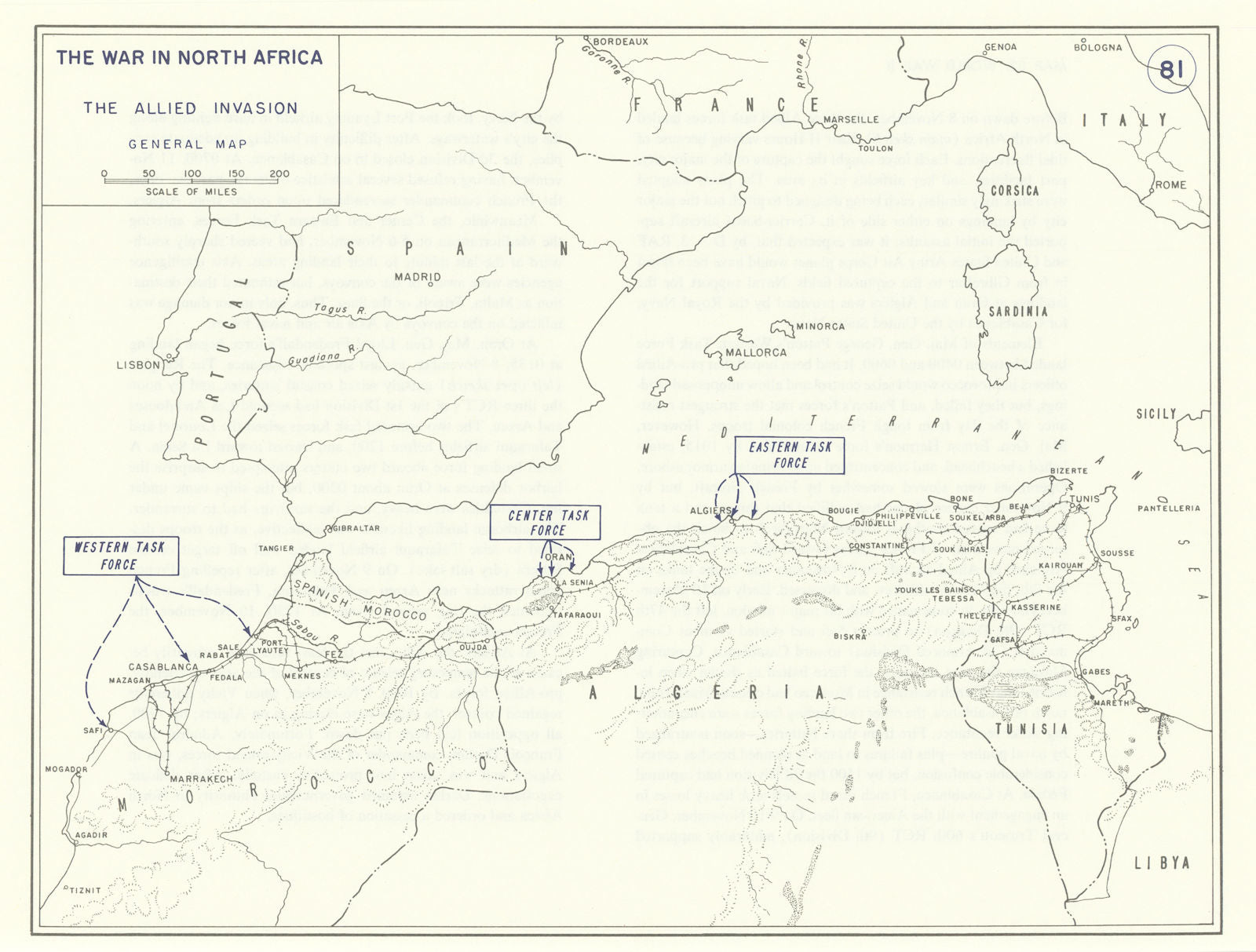 World War 2. Operation Torch 1942. North Africa. Allied Invasion 1959 old map